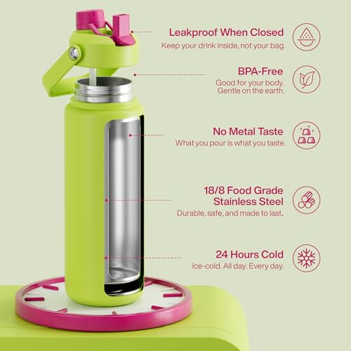 Image of ENCOOL Insulated Water Bottle with Straw Stainless Steel Water Bottle, Leak-Proof, BPA-Free, Double Wall Vacuum Keeps Cold for 24 Hours for Sports, Travel, School (32 oz, Acid Green)