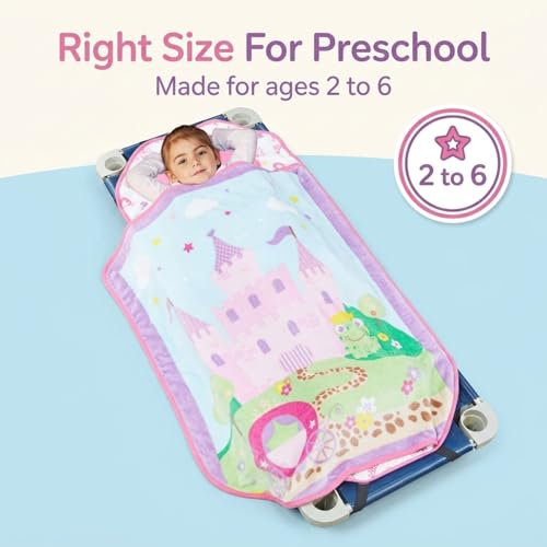 Image of EVERYDAY KIDS Cute Preschooler and Toddler Cot Nap Mat for Home, Daycare, Preschool and Kindergarten; Easy to Roll Sleeping Mat with Elastic Straps, Pillow and Blanket