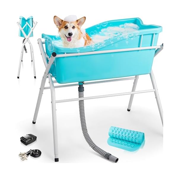 Dog bath tub portable dog washing bathing station elevated foldable dog bath for shower and grooming 4 adjustable height pet tub for small and medium size dogs indoor and outdoor patent design  urban country home decor
