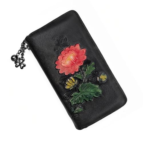 Image of Wallet Genuine Leather for Women - with RFID Blocking Card checkbook ID Slot Large Capacity Vintage style (chrysanthemum black)
