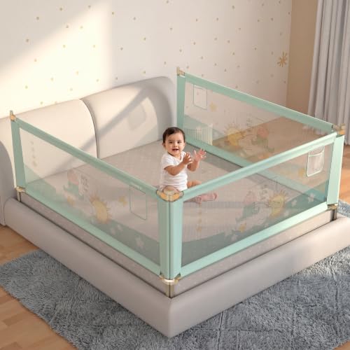 Image of Cherilo Bed Protector for Baby Falling | (6.5ft x 6ft x 6.5ft / 200cm x 180cm x 200cm), 3 Side | Foldable & Height Adjustable | Breathable Mesh, Kids-Friendly Prints | Sea Green (Pack of 3)