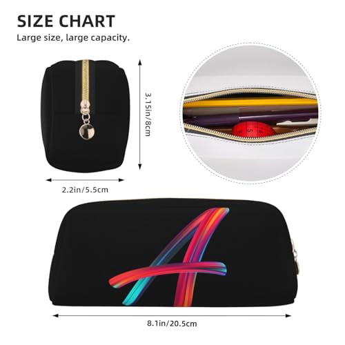 Image of Cute Initial Pencil Case for Kids Simple Leather Pencil Pouch for Boys Girls Letter Design Pencil Box Pen Bag Pencil Pouch Office Stationery Organizer, Rainbow Letter A