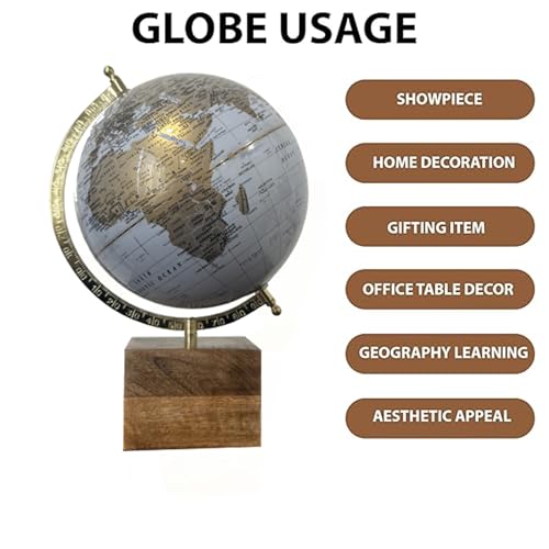 Image of 8 Inch Rotating World Globe with Metal Arc and Wooden Base for Office Table, Geography Learning, Studio or Cafe Decoration, Unique Gifts, Birthday and Anniversary Gift.