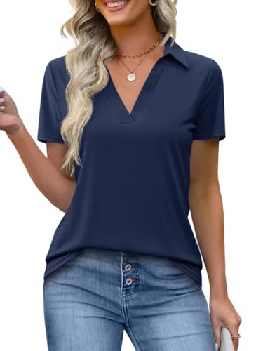 Imily Bela Womens Short Sleeve Polo Shirts V Neck Business Dressy Casual Tops Summer Collared Trendy Tees Navy