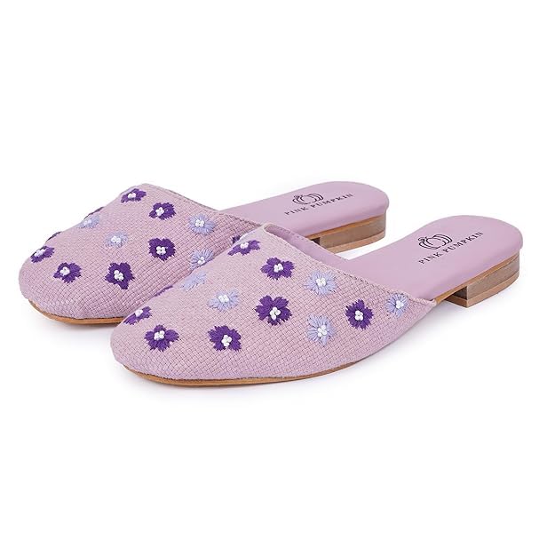 pink pumpkin Women's Floral Embroidered Mules, Pink with Purple Flowers, Slip-on Flat Jutti- Stylish Mojari Juti, Ethnic Traditional Flats for Women-picture-30