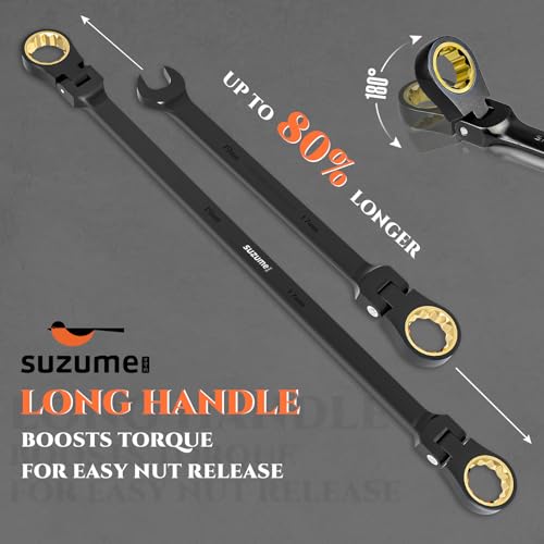Image of Extra long flex head ratcheting wrench set 6PCS Metric (8-19 mm) double box end ratcheting wrench set with180 Flex Head Black Electrophoretic Coating ratchet wrenches set for Auto Machine Repair