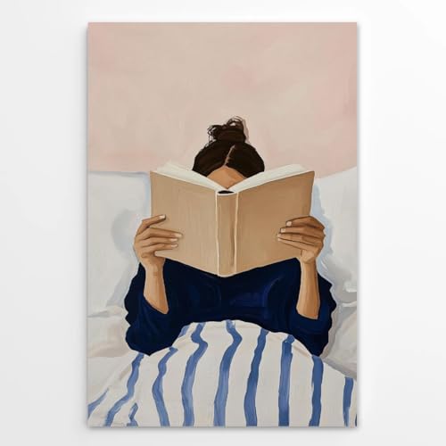 Vintage Woman Reading in Bed Poster Minimalist Book Lover Print Wall Art Reading Nook Library Living Room Girly Bedroom Decor Whimsical Retro Posters for Reader & Teens 12x18inch Unframed