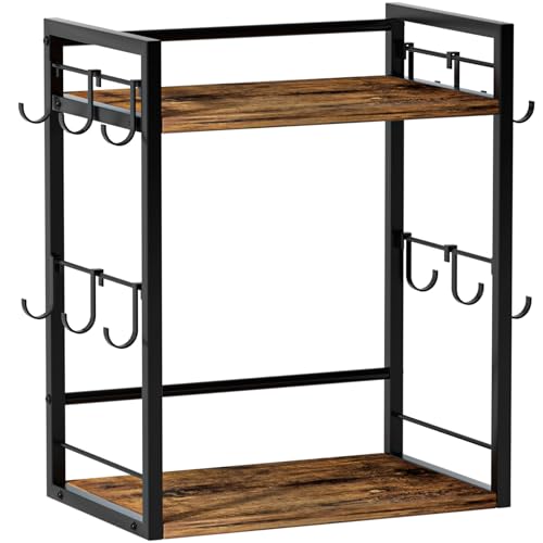 Dorhors 2 Tier Coffee Bar Accessories and Organizer,Multi-functional Mug Holder with 12 Hooks,Wood Coffee Station Organizer,Kitchen Countertop Shelf (Rustic Brown)