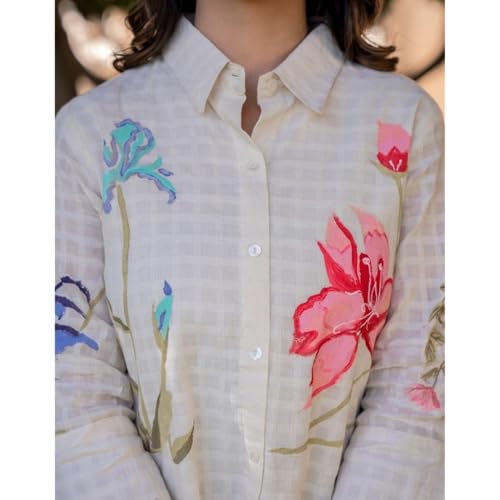Image of Women's Floral Digital Print Cotton Pant Suit Set, Off-White, Asymmetric Shape, Shirt Collar, 3 /4 Sleeves, Above Knee Flared Hem Top, Elasticated Waist Trousers
