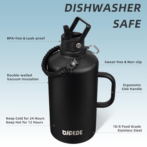 Image of BJPKPK 1 Gallon Water Bottle Insulated with Straw Lid, 128oz Large, Stainless Steel Water Bottles with 3 Lids and Paracord Strap, Double Wall Vacuum Metal Water Jug,Black