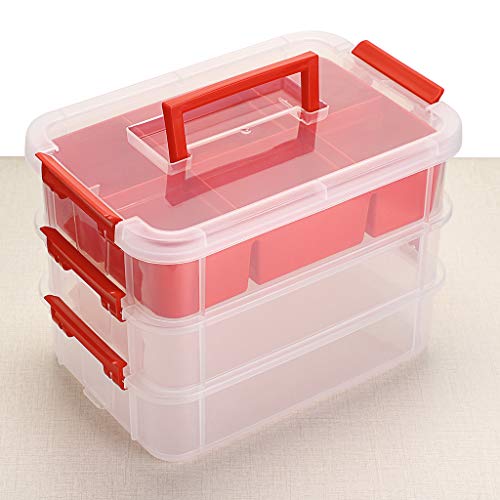 Btsky 3 Layer Stack & Carry Box, Plastic Multipurpose Portable Storage Container Box Handled Organizer Storage Box With Removable Tray For Organizing Sewing, Art Craft, Supplies Red #TOP3
