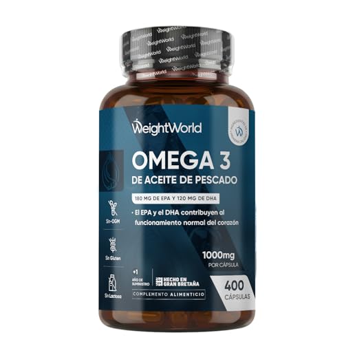 Omega 3 DHA y EPA 1000mg de Concentración 400 Cápsulas Blandas para Más de 1 Año   180mg EPA + 120mg DHA, Contribuye al Funcionamiento Normal del Corazón (EFSA), Sin OGM ni Gluten