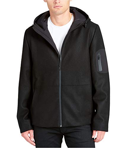 DKNY Mens Mixed-Media Coat, Black, X-Large (Regular)