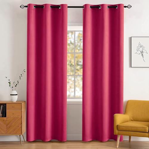 MIULEE 90" Long Blackout Room Darkening Curtains Thermal Insulated Drapes Solid Window Treatment Set Grommet Top Light Blocking Curtain for Living Room/Bedroom 2 Panels Hot Pink