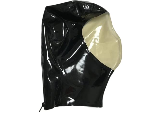 Sexy rote und transparente Latex-Fetisch-Kapuzenmaske mit Atemkontrolle und rückseitigem Reißverschluss