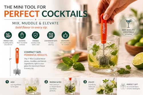 Image of Stainless Steel Mini Meat Chopper & Cocktail Muddler| 6-Blade Chopper Tool | Small Smasher | Compact Ergonomic Handle | Dishwasher Safe - 7 inch (Retro Orange Mini)