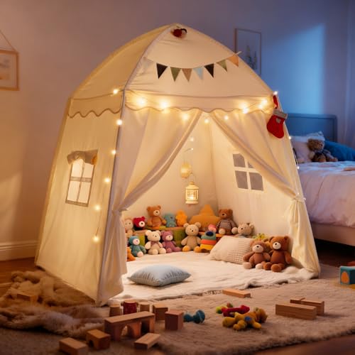 Large Kids Play Tent with Padded Mat Lights - 59x39x59in Teepee Playhouse with Christmas Decor Kit Storage Bag Flag - Privacy Reading Nook - Birthday Gift for Boys Girls Ages 3-12