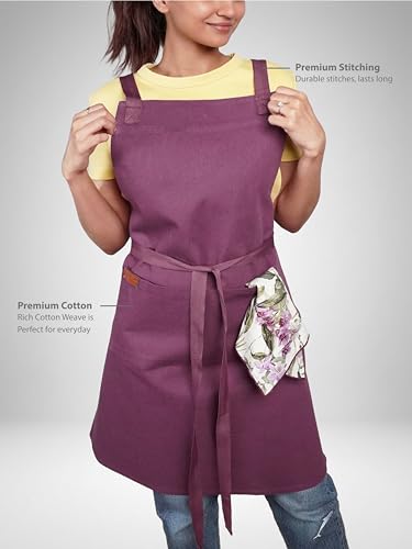 Image of Kitchen Apron - 100% Cotton, Adjustable Neck strap, Large Pocket - Unisex Apron for Men & Women - Cooking, Baking, BBQ, Gardening - Solid Colours, Striped and Checkered Patterns