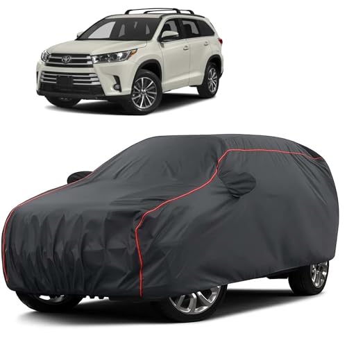 Image of Sulfar 100% Water Resistant Car Body Cover Compatible with Mirror for Toyota Highlander (Triple Stitched, Full Bottom Elastic, Dark Grey Taffeta with Red Piping)