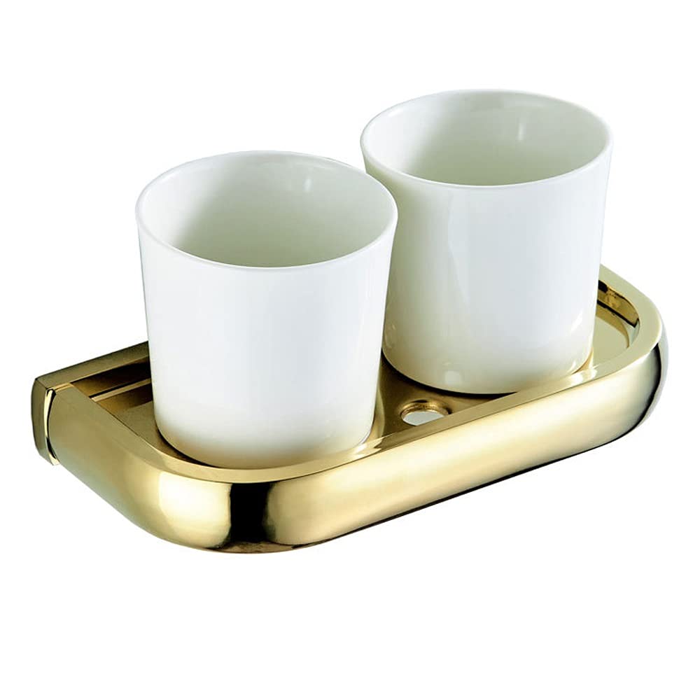 Soportes for cepillos de Dientes Juego de Soporte Doble for cepillos de Dientes Portavasos montado en la Pared con Dos Vasos de cerámica Blanca, Accesorios de baño Dorados