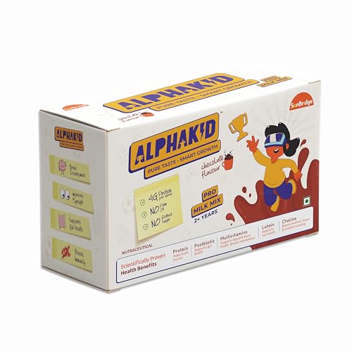 Image of Alphakid smart milk mix (2 + Years) | Chocolate flavour milk mix Portein Powder | No palm oil | No refined sugar | supports gut health | Sweetened with jaggery | boosts immunity | with Barley, Millet, Wheat, Jaggery & Ghee | Vitamins & Minerals | 14 pouches of 25gm each in monocarton | with 19 essential nutrients