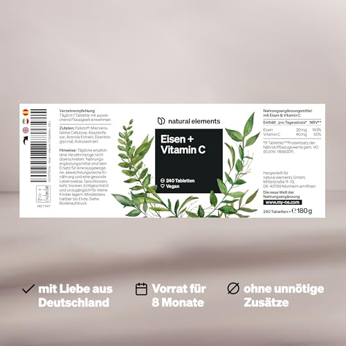 natural elements Eisen mit 40mg natürlichem Vitamin C – 240 vegane Eisentabletten – mit natürlichem Vitamin C aus Acerola – Chelat-Komplex (Eisenbisglycinat) – hochdosiert, ohne unnötige Zusätze