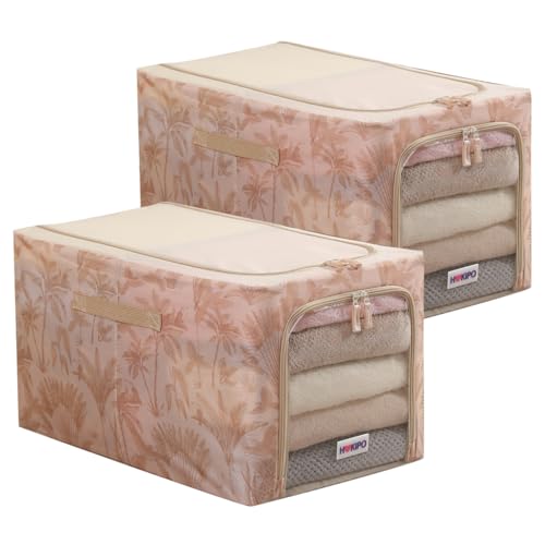 Image of HOKIPO Wardrobe Organiser for Storage of Clothes, 600D Oxford Fabric Storage Box, Beige Botanica - Extra Large Pack of 2 (AR-6490-BGE*2)