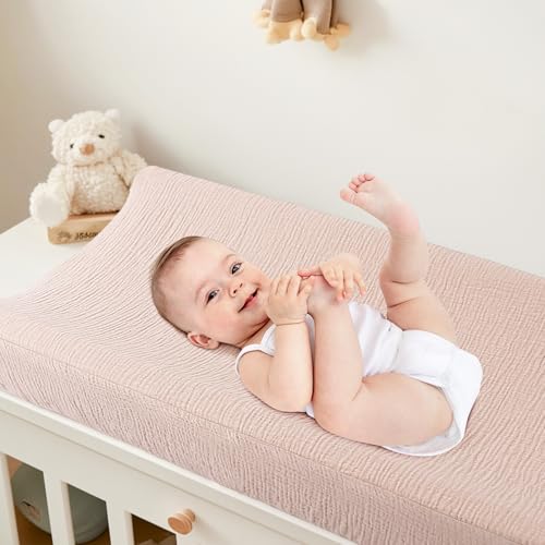 Bearmoss Muslin Changing Pad Covers 2Pack 100% Cotton Diaper Change Table Pad Covers 32x16x6in Soft Breathable Changing Table Sheets for Unisex Baby Girls and Boys (Candy Floss)