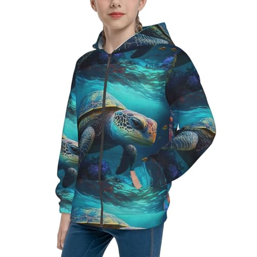 Green Turtle in Sea Water2 Kids Pullover Hoodies Boys Zip Up Sweatshirts Girls Athletic Clothes with Pocket