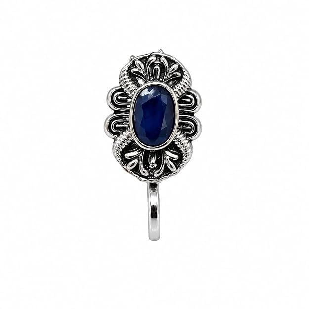 Jewellery Charming Oxidised Silver Finishing Blue Stone Stud Oval flower shape Nose Pin | Ring | Without Piercing | Adjustable | Nathiya | Nathani | For Women & Girls-image-40