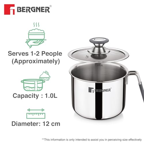 Image of Bergner Argent Triply Stainless Steel 12cm (1 L) Milk Boiler with Glass Lid, Steam Vent, Flared Rim, Stay Cool Cast Handle with Silicone Grip, Even and Faster Heating, Easy to Clean - Induction Bottom