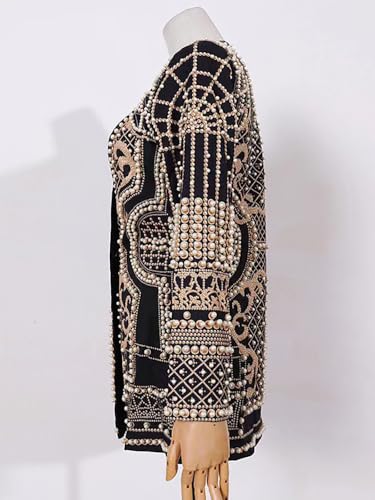 Elegant Pearl Beaded Blazer Dress for Women Loose Fit Deep V Neck Long Sleeve Female Fashion Jacket Wedding Prom Party3