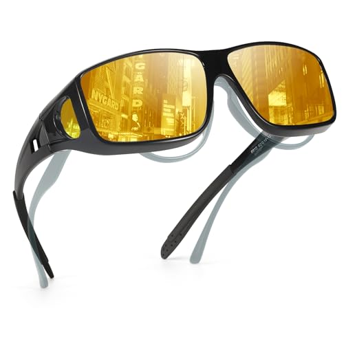 TJUTR Night Vision Driving Glasses Fit Over Glasses for Men Women, Anti Glare Polarized Nighttime Eyewear Yellow Lens