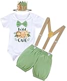Bébé Garçons 1er Anniversaire Tenue, Ensemble Bébé Garçon 1er Anniversaire avec Grenouillère à Manches Courtes, Short, Bretelles, Bandeau Couronne, Gâteau Smash Photoshoot Vêtements (Jungle, 100)