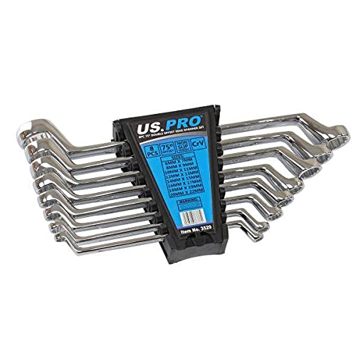 US PRO Tools 8 Piece Double Offset Ring Spanner Wrench Set 6-22MM 75DEG 3529