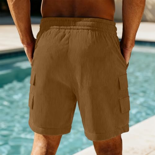 Image of Men's Casual Shorts Corduroy Elastic Waist Drawstring Summer Beach Short