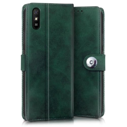 Image of WOW IMAGINE Shock Proof Flip Cover Back Case for Xiaomi Mi Redmi 9A | 9i | 9A Sport (Magnetic Button Flip Case | Wallet Pockets & Stand | Leather Finish | Forest Green)