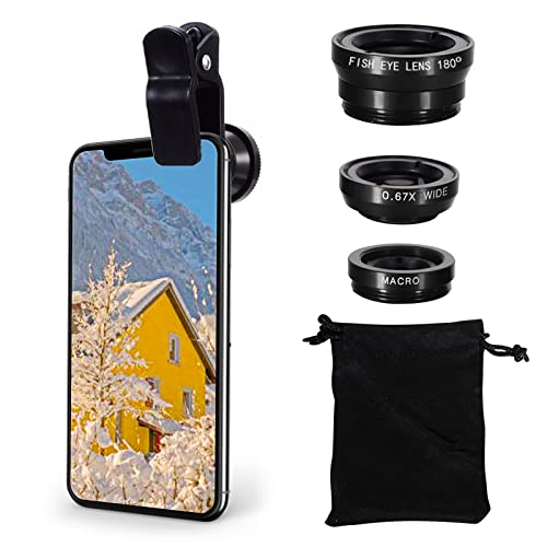 LQRLY Universelles Handy-Kameraobjektiv, 3-in-1 Handy-Kameraobjektiv, 180° Fischaugenobjektiv, Makroobjektiv, 0,67 x Super-Weitwinkelobjektiv, Handyhalter und Stativ für iPhone, Samsung, Huawei Cover