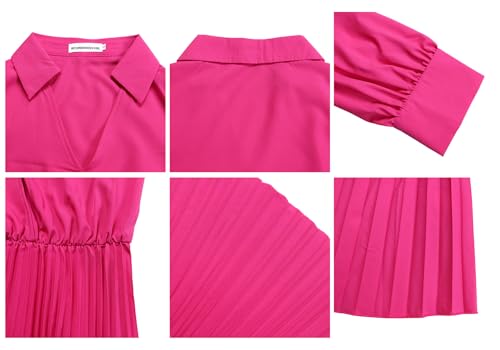 Image of Famnbro Womens Pleated Dress V Neck Long Sleeve A line Church Formal Works Business Dresses with Belt