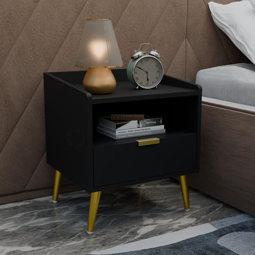 Image of Wooden Bedside Table for Bedroom | Wooden Bed Side Nightstand Lamp Table with 1 Drawers & Open Shelf Storage for Home & Hotels | HDMR Premium Wood & Iron Legs | Black (Pack of 2)