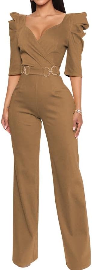 DinyIn Women's Elegant Brown Jumpsuit Sexy V-Neck Puff Sleeves Pant Suits Dressy Wide Leg Evening Party Jumpsuits with Belt,XX-Large