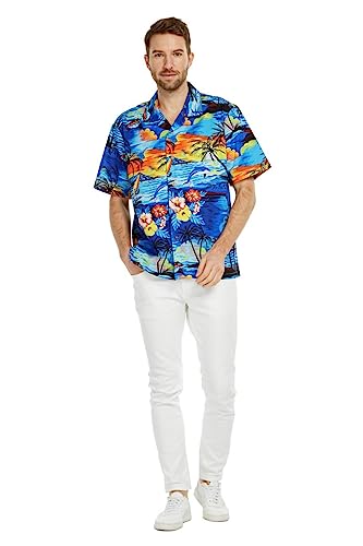 Image of Hawaii Hangover Family Matching Hawaiian Clothes, Sunset Blue | Family matching Hawaiian outfits, Sunset Blue, 100% cotton, machine washable, tropical floral print, luaus, cruises