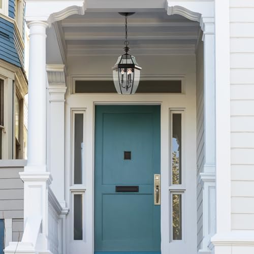 Image of Large Outdoor Pendant Light Fixture 3-Light, 20in Modern Bronze Outdoor Chandelier Hanging Porch Light, Metal Exterior Ceiling Mount Hanging Lantern with Clear Glass for Front Door, Entrance, Gazebo