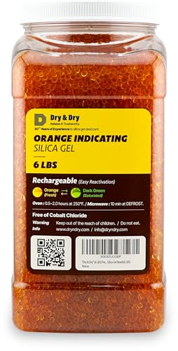 Dry & Dry [6 LBS] Premium Orange Indicating Silica Gel Desiccant Beads(Industry Standard 3-5 mm) - Rechargeable Silica Gel Beads(6 LBS)