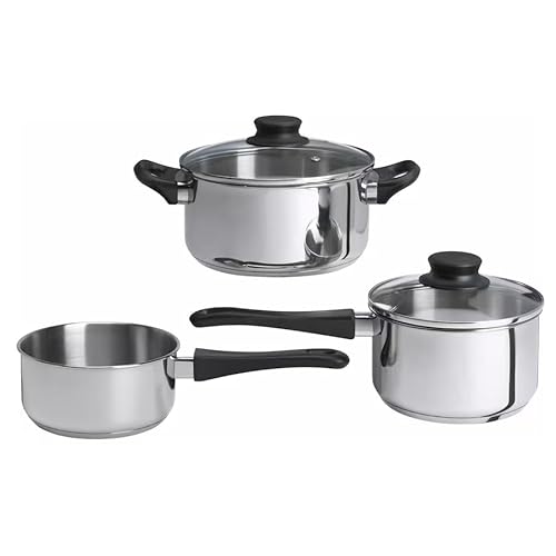 ANNONS Edelstahl-Kochgeschirr-Set, 5-teilig mit Glasdeckel, 0,9 l Stielkasserolle, 1,7 l Stielkasserolle, 2,8 l Topf