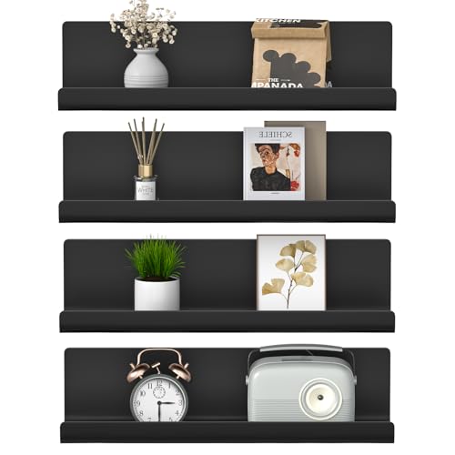 WELDUN 4er Set Wandregal Ohne Bohren 32cm Kleberegal Schweberegal Dekorative Wandregale für Wohnzimmer Schlafzimmer Badezimmer Küche Selbstklebend Kunststoff Schwarz