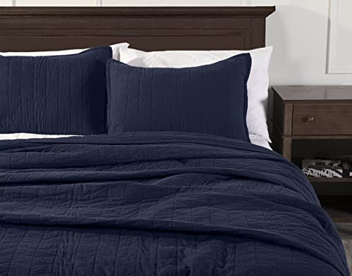 Chezmoi Collection Madrid 3-Piece Vintage Washed Solid Cotton Quilt And Shams Set (Queen, Navy) #TOP2