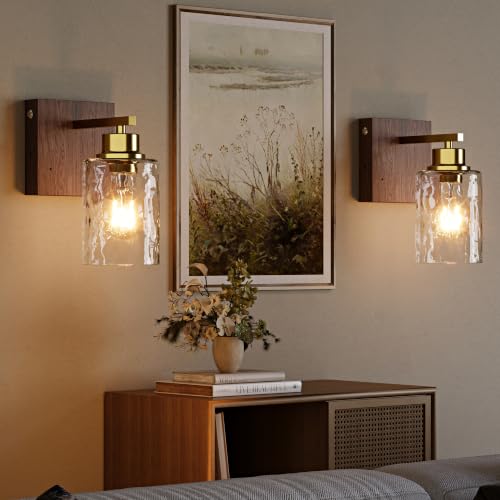 Image of Hammered Glass Battery Operated Wall Sconces Set of Two Gold & Walnut | Dimmable Rechargeable Wall Lights with Remote Timer, Easy Install Lamp for Living Room Bedroom, Emergency 3000K