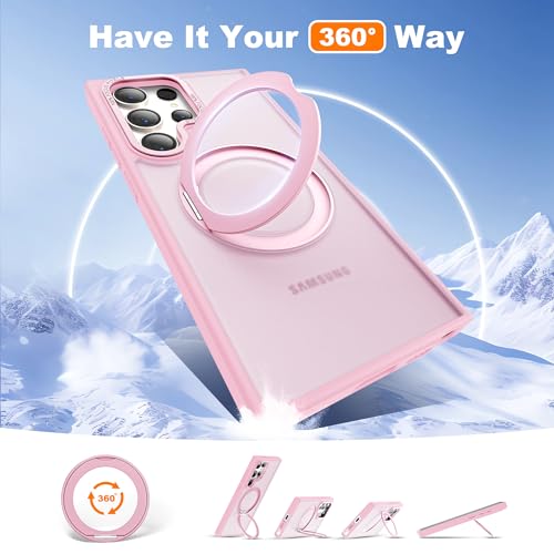 Image of Compatible with Samsung Galaxy S24 Ultra Case with 360Rotatable Magnetic Ring Stand Compatible with Mag-Safe Military Protection Matte Translucent Phone Cases for S24 Ultra 6.8 inch,Pink