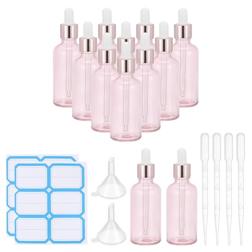 PATIKIL 50ml Glass Dropper Bottle, 12Pcs Leakproof Eye Dropper Essential Oils Sample Liquid Perfume Container with Pipette Funnel Label for Storage Home Travel, Clear Pink